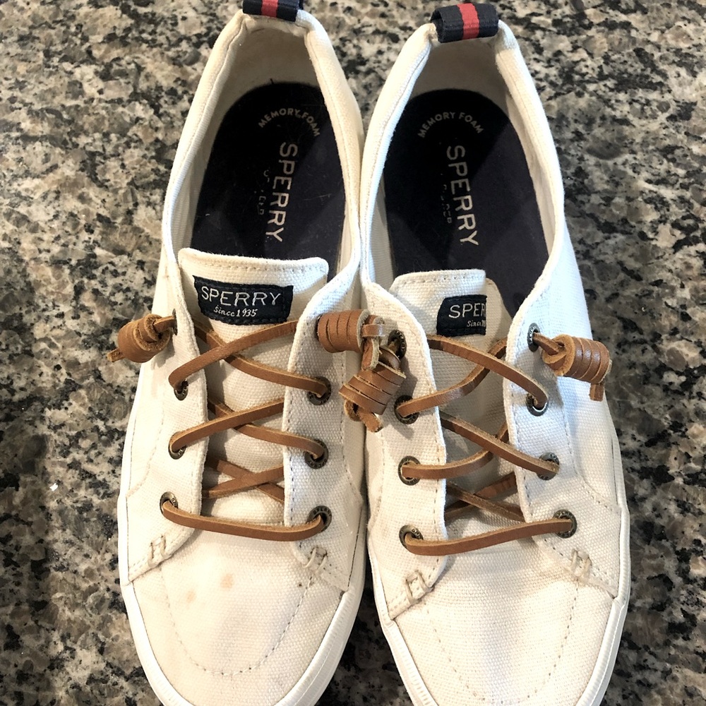 SPERRY White Canvas Slip Ons w/Leather Tie Size7.5